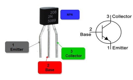 Dưới đây là sơ đồ chân và ký hiệu của transistor NPN 2N5089