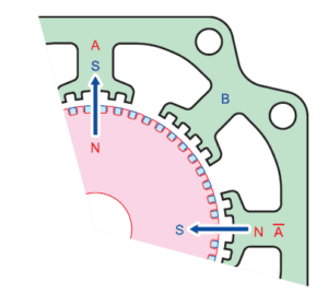 Trong động cơ bước lai, cả hai cốc rôto đều có răng (đỏ và xanh lam) cũng như các cực của stato (xanh lá cây).