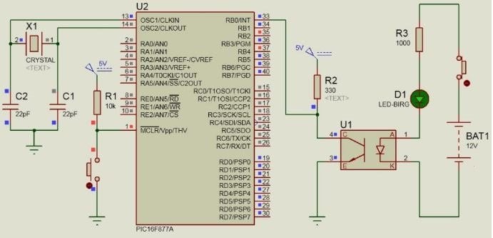 Hình dưới đây cho biết việc sử dụng Optocoupler EL357 giao tiếp vi điều khiển.