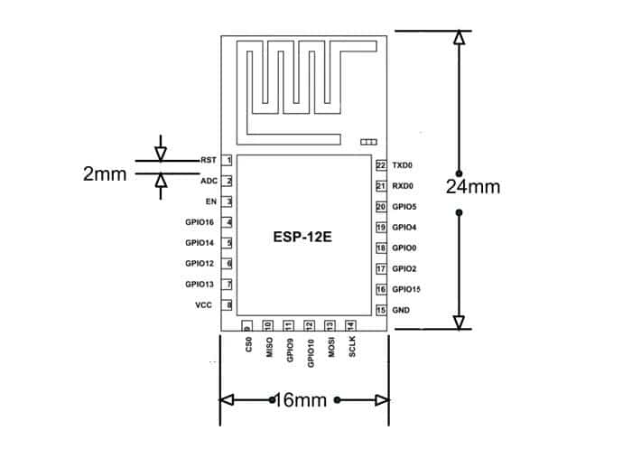 Sơ đồ 2D module WiFi ESP12E