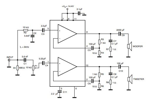 Ví dụ về mạch khuếch đại âm thanh stereo 2x10W TDA2005
