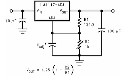 Mạch điện áp đầu ra có thể thay đổi sử dụng LM1117