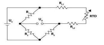 Hình 3: Cấu hình hai dây của RTD 100 trong mạch cầu Wheatstone